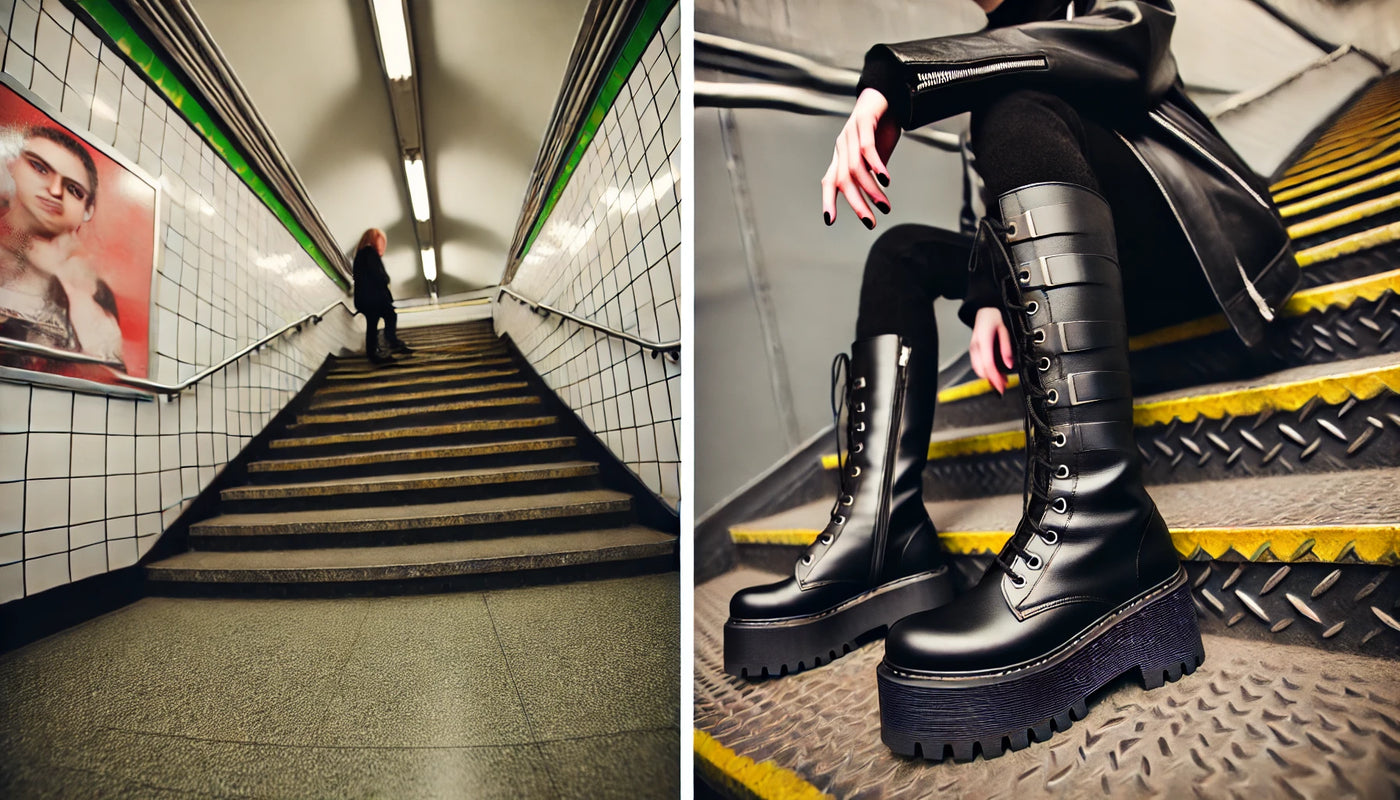 Szeroki obraz przedstawiający dwie sceny osoby noszącej buty gotyckie na platformie w scenerii miejskiej